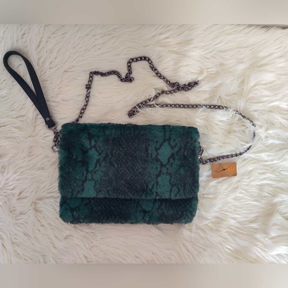Faux Fur Snake Print Flap Clutch Shoulder Bag